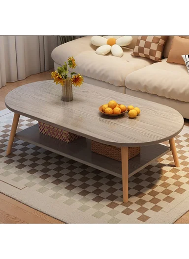 100CM Coffee Table for Living Room Sofa Wood Legs Low Table Double Layer Oval Design Storage Holder - Grey